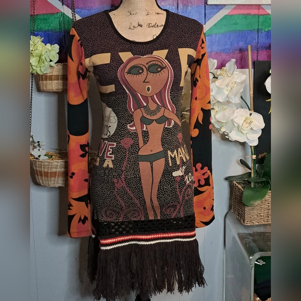 Vtg CUSTO BARCELONA Cotton Faceprint Art Deco Fringe Dress SZ Medium